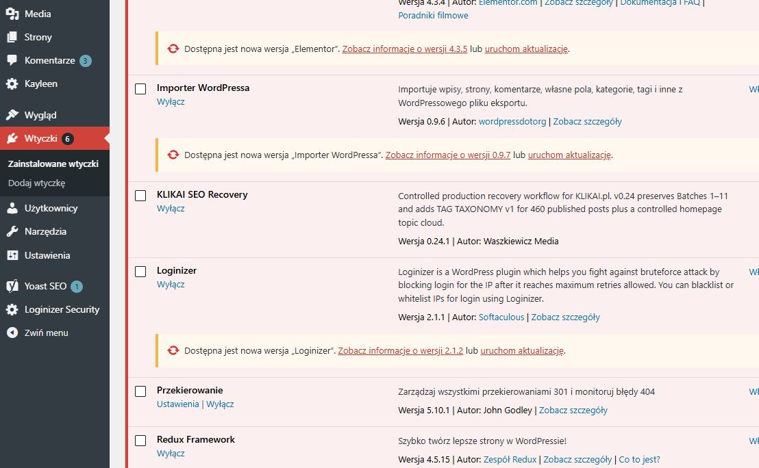 WordPress – menu Wtyczki i aktualizacje Menu Wtyczki w panelu WordPress – sprawdzanie zainstalowanych wtyczek i dostępnych aktualizacji