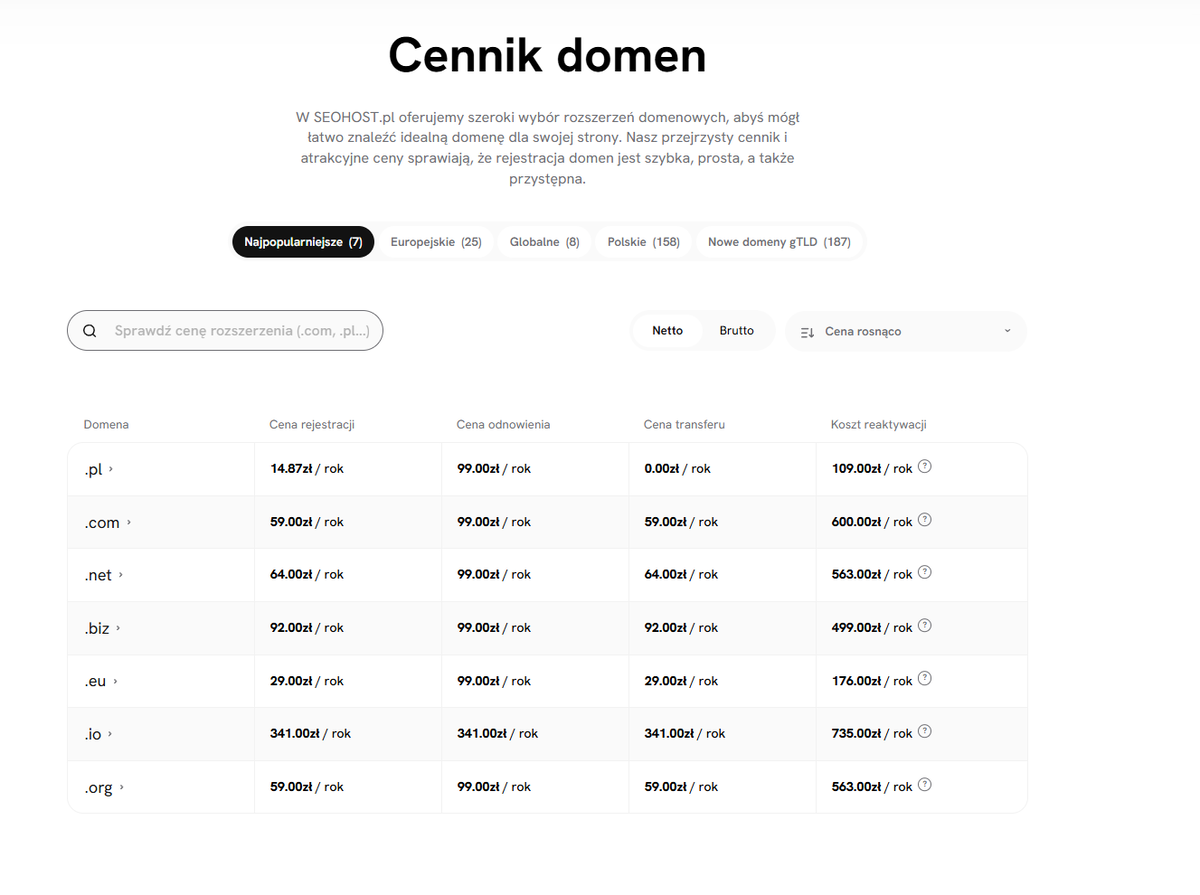 Cennik domen w SEOHOST.pl