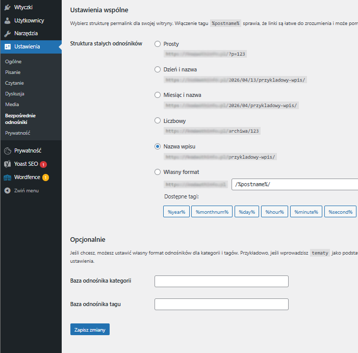Ustawienia bezpośrednich odnośnik&oacute;w w panelu WordPress