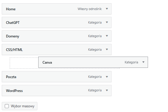 Widok struktury menu w WordPress, pokazujący przeciągnięte i przesunięte w prawo elementy tworzące podmenu rozwijane.