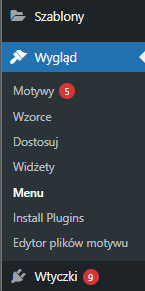 Boczny panel nawigacji WordPress z zaznaczoną sekcją Wygląd i opcją Menu.