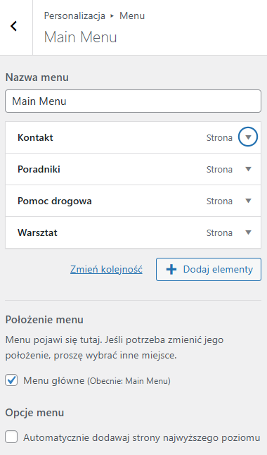 Edytor menu w Customizerze, pokazujący strukturę menu z możliwością dodawania elementów i edycji ich kolejności.