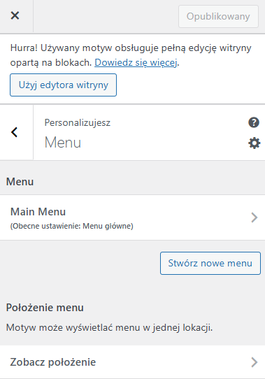 Boczny panel Customizera WordPress z widoczną sekcją Menu i listą istniejących menu do wyboru.