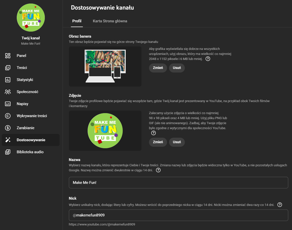 Widok panelu YouTube Studio przedstawiający sekcję zmiany nazwy kanału w ustawieniach profilu