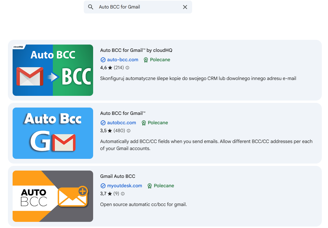 Zrzut ekranu przedstawiający proces instalacji rozszerzenia Auto BCC for Gmail.