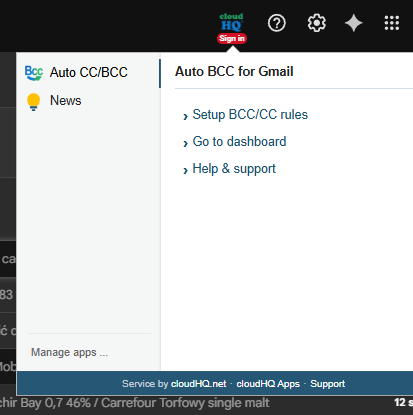 Zrzut ekranu przedstawiający okno logowania i prośbę o uprawnienia dla rozszerzenia Auto BCC for Gmail.