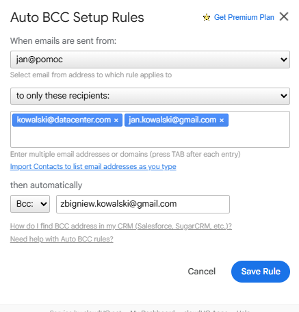 Zrzut ekranu przedstawiający okno konfiguracji reguł Auto BCC/CC w rozszerzeniu.