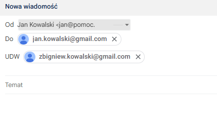 Zrzut ekranu przedstawiający przykład wiadomości z automatycznie dodanym adresem w polu UDW.