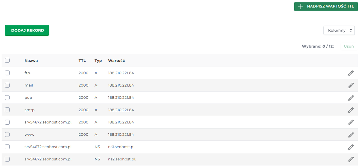 Zrzut ekranu z panelu zarządzania rekordami DNS, z zaznaczoną ikoną edycji przy jednym z rekordów w kolumnie 'Opcje'.