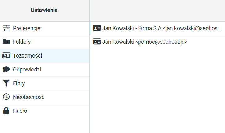 Tożsamości w oknie Ustawienia panelu poczty SEOHOST