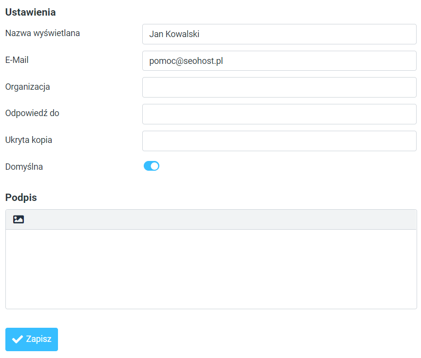 Okno uzupełniania informacji o tożsamości konta