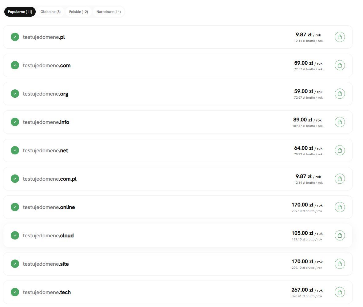 Lista dostępnych domen internetowych