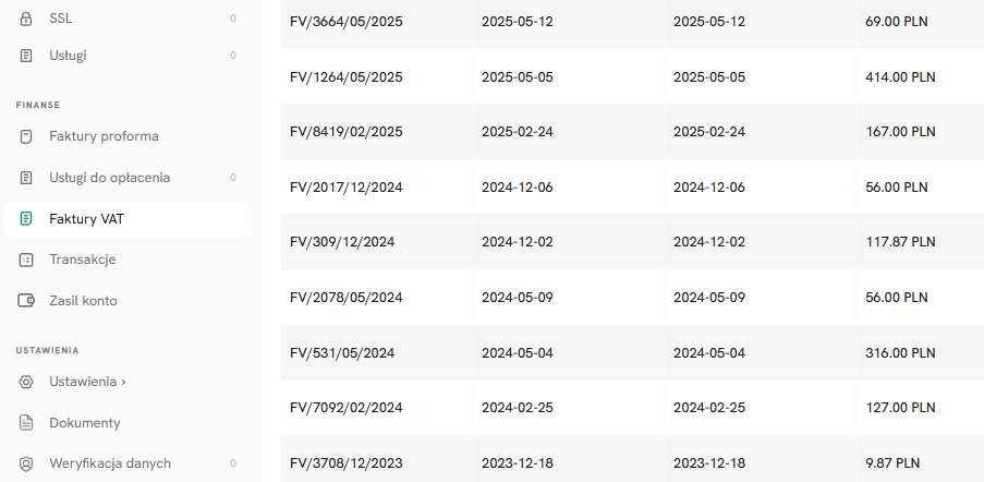 Lokalizacja sekcji Faktury VAT w Panelu Klienta