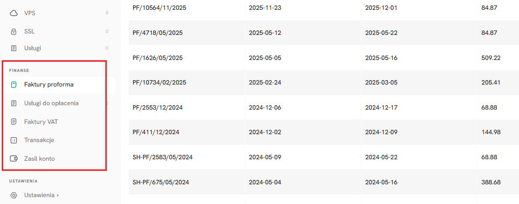 Widok listy faktur pro forma w Panelu Klienta SEOHOST