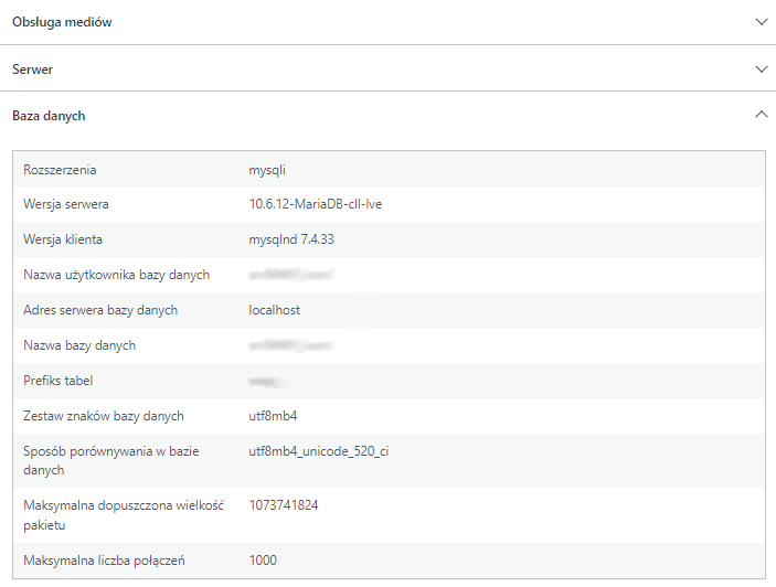 Informacje na temat bazy danych MySQL w zakładce 'Baza danych' sekcji 'Informacja'