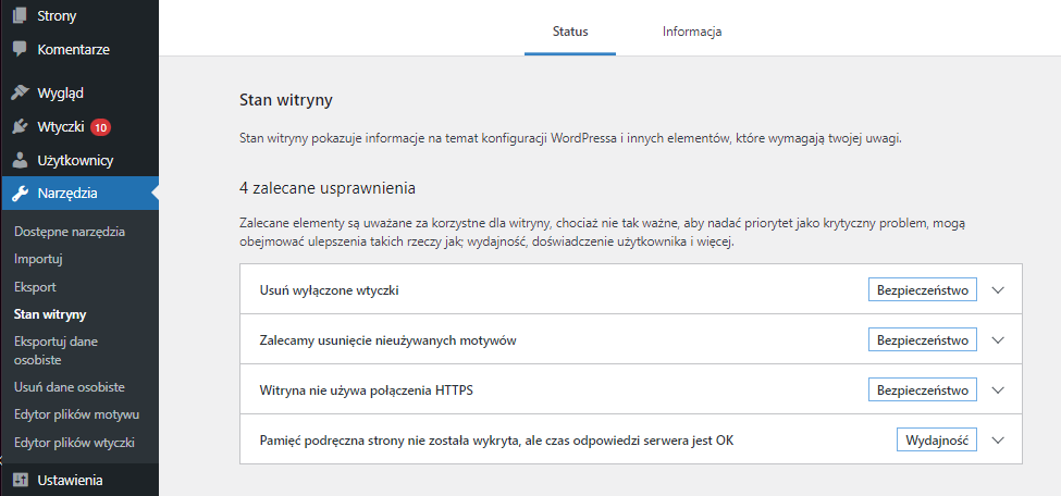 Informacje o bazie MySQL w WordPress - widok panelu WordPress, sekcja 'Narzędzia > Stan witryny'