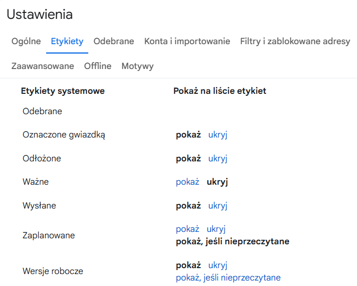 Widok sekcji Etykiety w ustawieniach konta Gmail