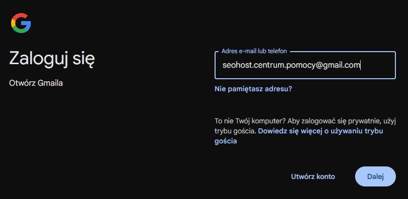 Ekran logowania Google z opcją odzyskiwania hasła