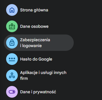 Menu ustawień zabezpieczeń konta Google