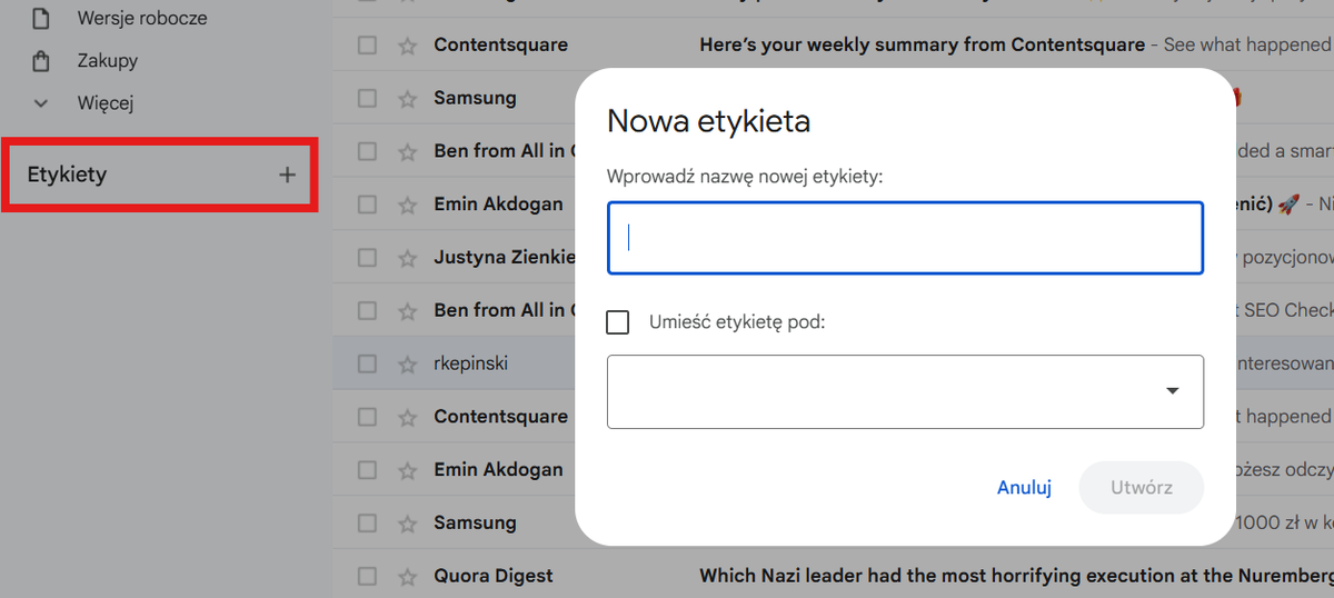 Widok panelu bocznego Gmail z opcją tworzenia nowej etykiety