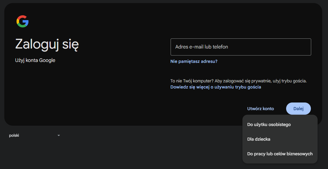 Widok panelu wyboru typu konta Google