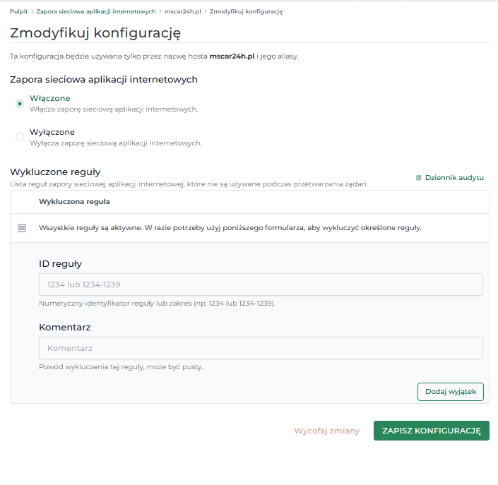 Formularz dodawania wyjątk&oacute;w dla reguł ModSecurity w panelu WAF