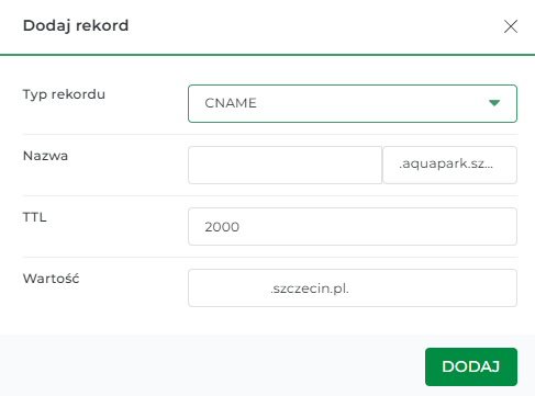 Formularz dodawania rekordu CNAME w panelu DirectAdmin