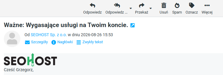 Opcje Odpowiedz, Odpowiedz wszystkim i Przekaż w poczcie SEOHOST