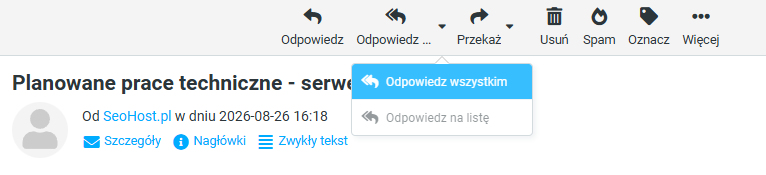 Odpowiedz wszystkim w poczcie SEOHOST – wysłanie odpowiedzi do wielu odbiorców