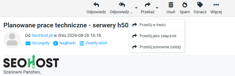 Przekazywanie wiadomości e-mail innej osobie w poczcie SEOHOST