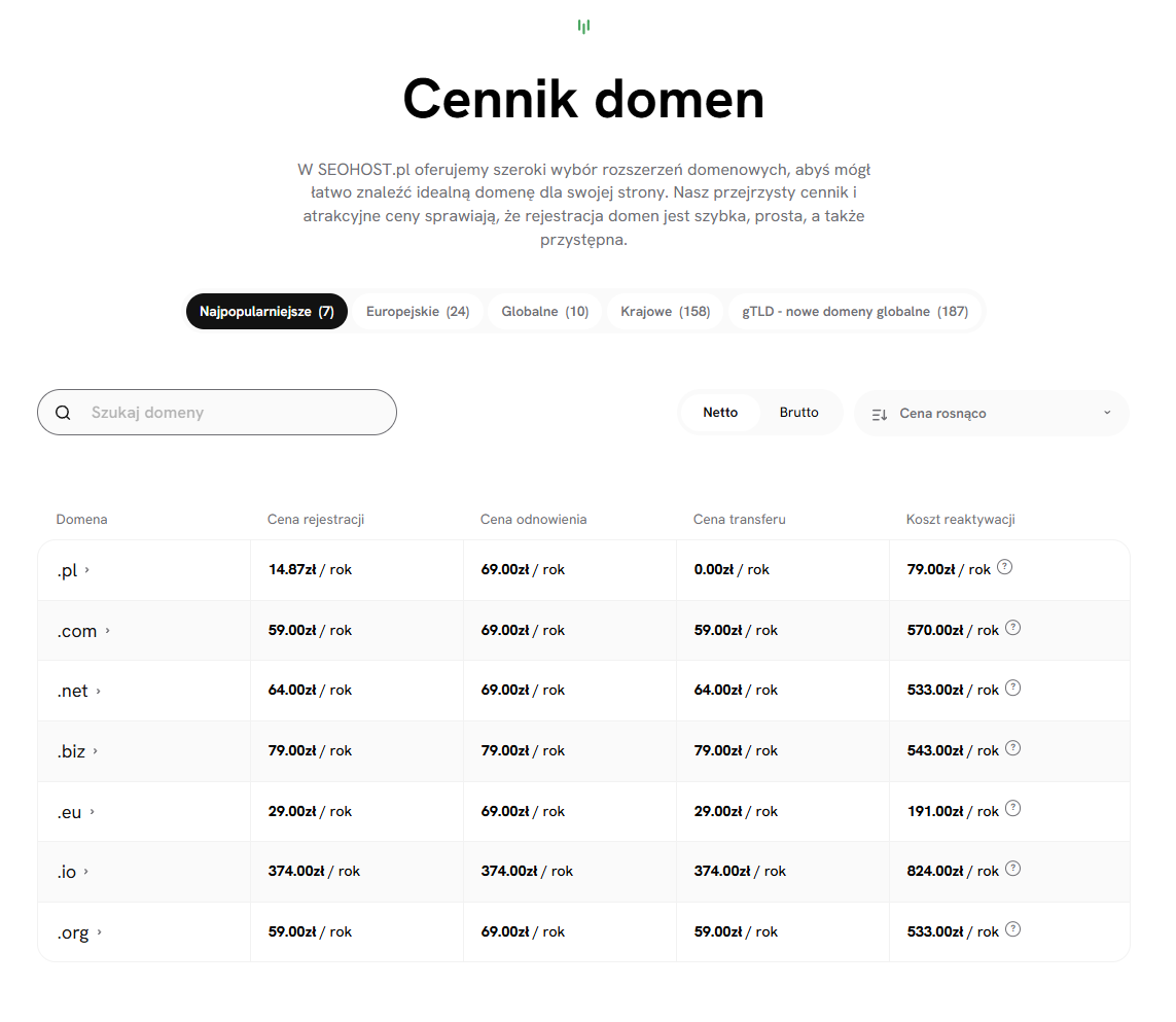 Cennik domen w SEOHOST