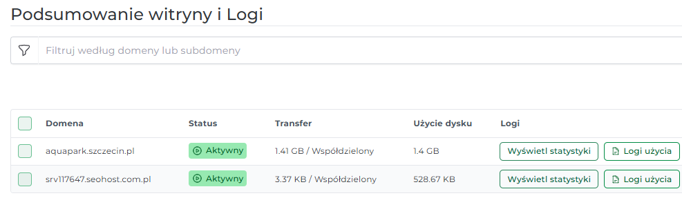 Podsumowanie witryny i logi domeny w panelu DirectAdmin