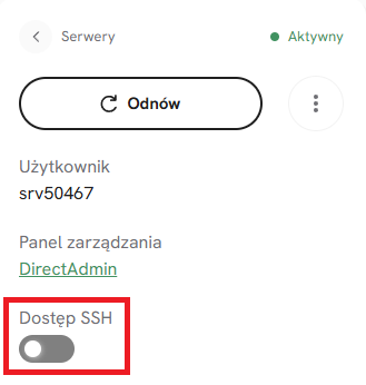 Przycisk aktywacji SSH w Panelu Klienta