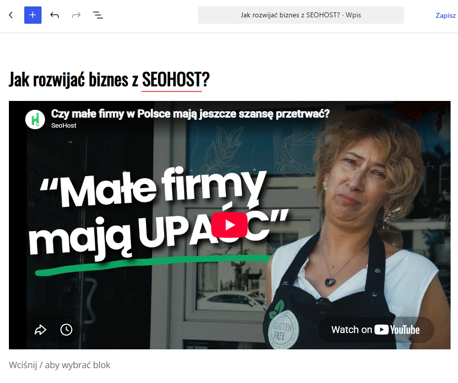 Osadzony film YouTube we wpisie WordPress w edytorze Gutenberg