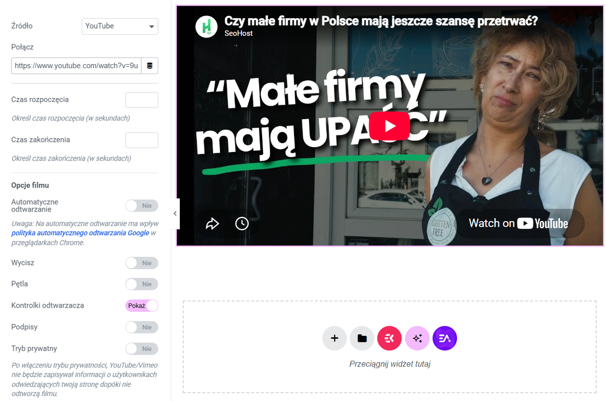 Konfiguracja filmu YouTube w widżecie Wideo Elementor