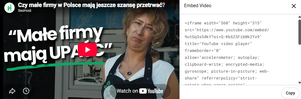 Kod iframe do osadzenia filmu YouTube na stronie WordPress