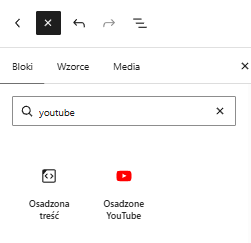Wybór bloku YouTube w edytorze Gutenberg WordPress