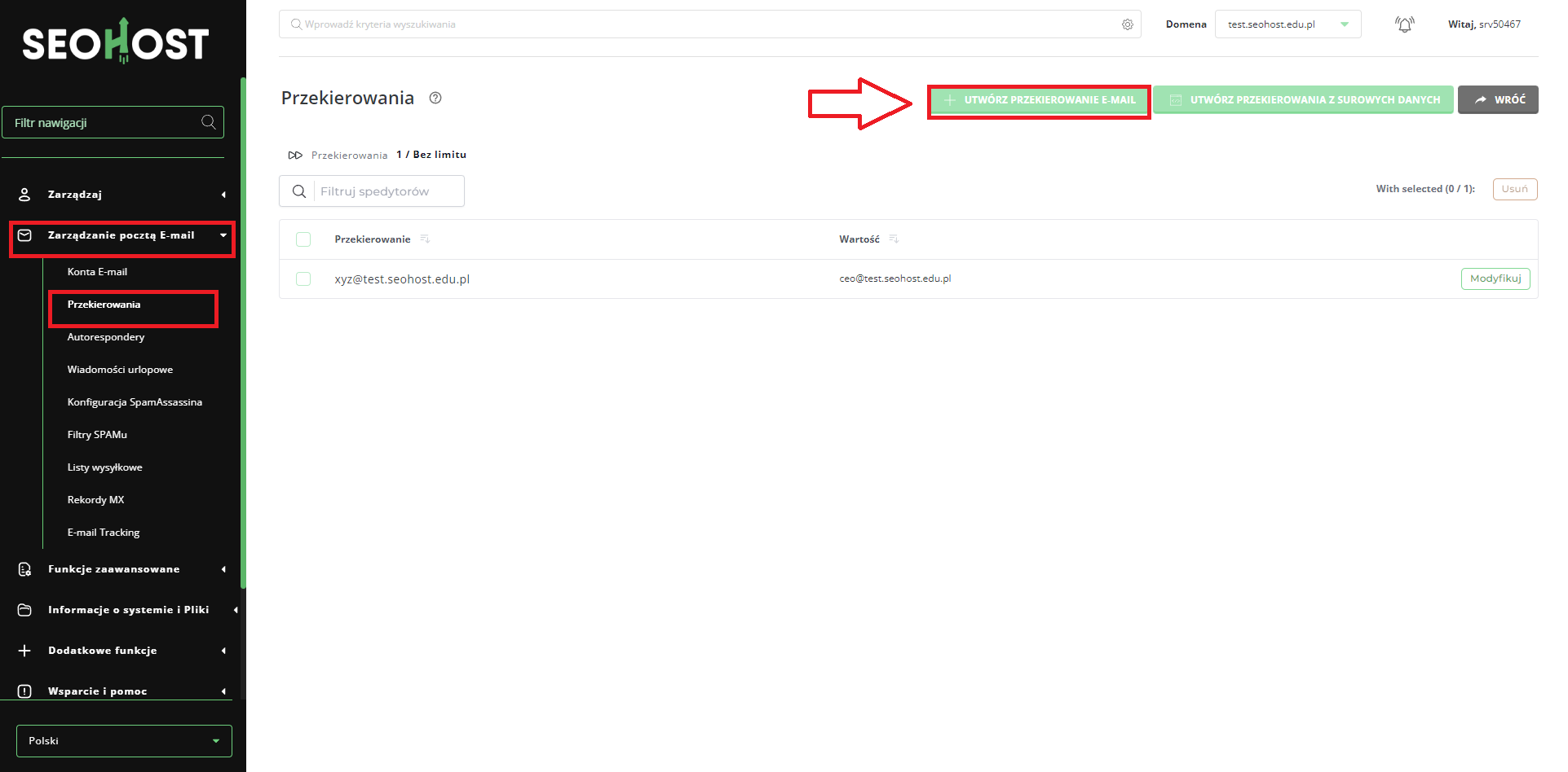Wybór opcji przekierowania poczty w panelu DirectAdmin