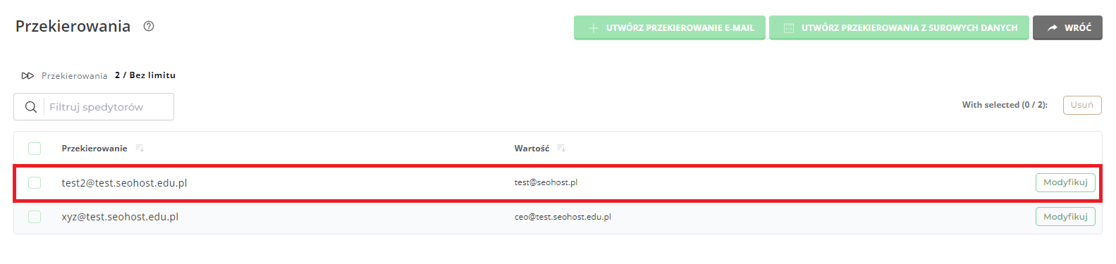 Utworzone przekierowanie poczty w DirectAdmin