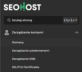 Sekcja Domeny w panelu DirectAdmin SEOHOST służąca do sprawdzenia domen przypisanych do hostingu
