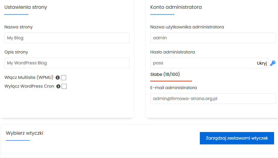 Softaculous &ndash; ustawienia nazwy strony WordPress oraz loginu, hasła i adresu e-mail administratora
