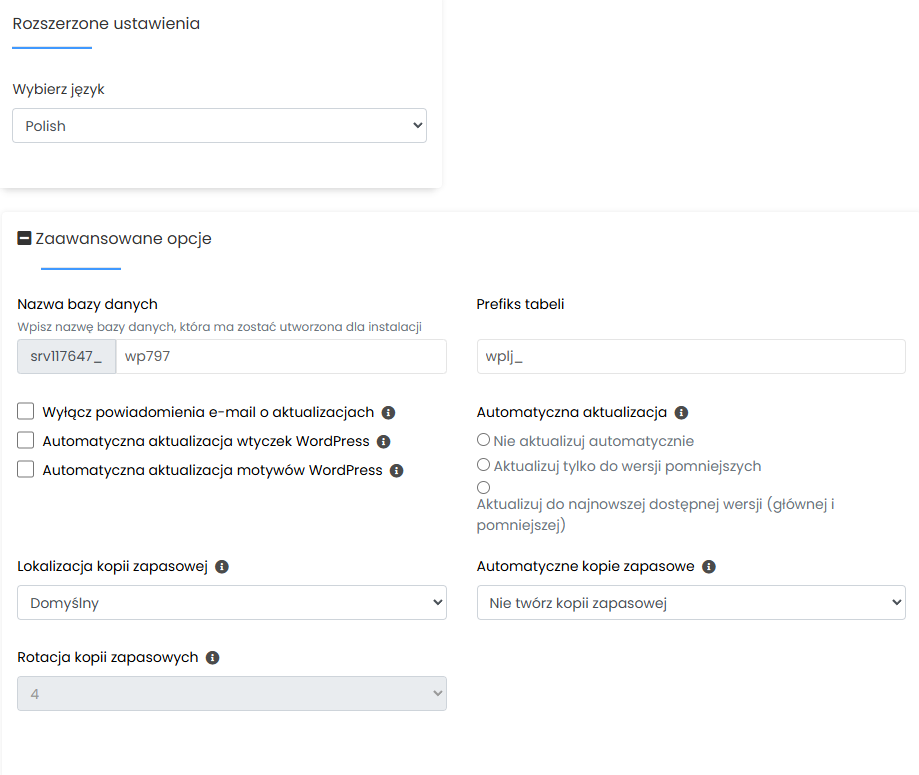 Softaculous &ndash; wyb&oacute;r języka WordPress, ustawienia bazy danych, aktualizacji i kopii zapasowych