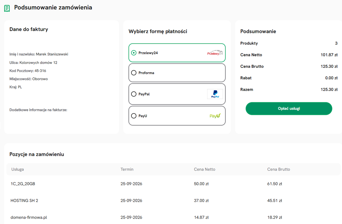 Podsumowanie zamówienia w Panelu Klienta SEOHOST z wyborem metody płatności i informacjami o usługach