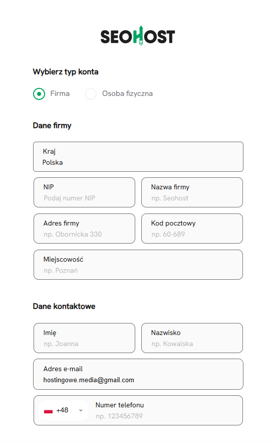 Formularz danych klienta podczas samodzielnego zakładania konta SEOHOST