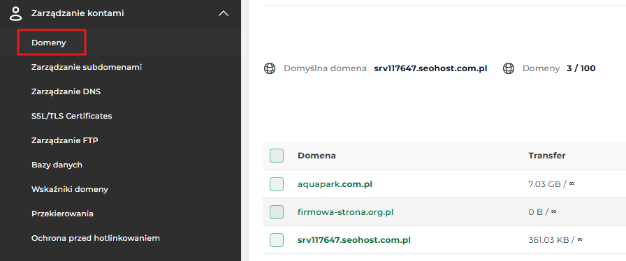 Domeny przypisane do hostingu w panelu DirectAdmin