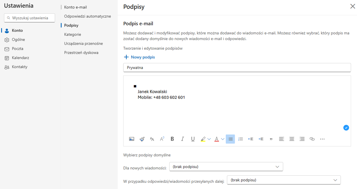 Jak dodać stopkę w poczcie Outlook.com?