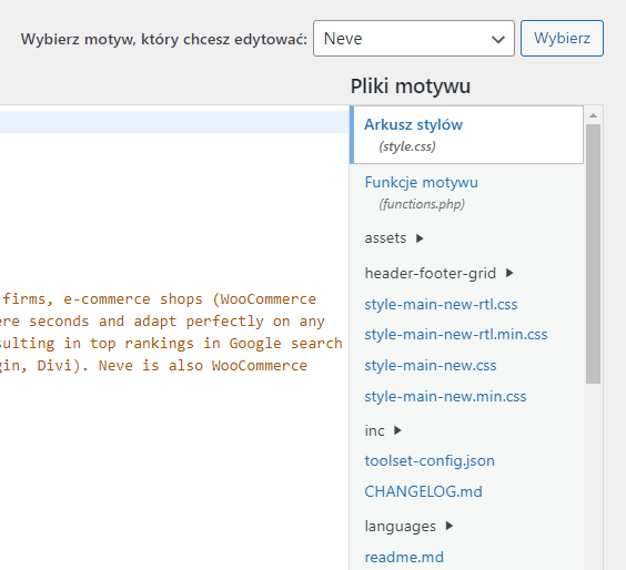 Edytowanie plików źródłowych w edytorze motywu WordPress