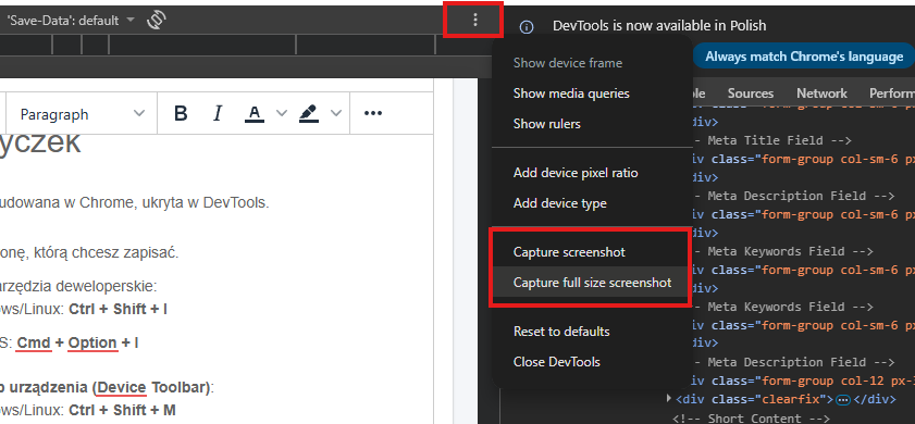 Wygląd Narzędzi deweloperskich w Google Chrome po otwarciu, z wyr&oacute;żnionym przyciskiem menu (trzy kropki) służącym do wykonania pełnego zrzutu ekranu.