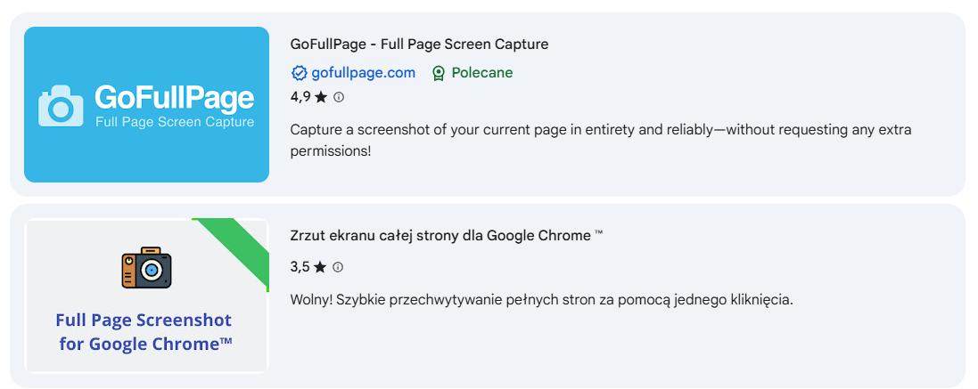 Ikony i przyciski popularnych wtyczek do robienia pełnego zrzutu ekranu w przeglądarce Google Chrome, widoczne obok paska adresu.