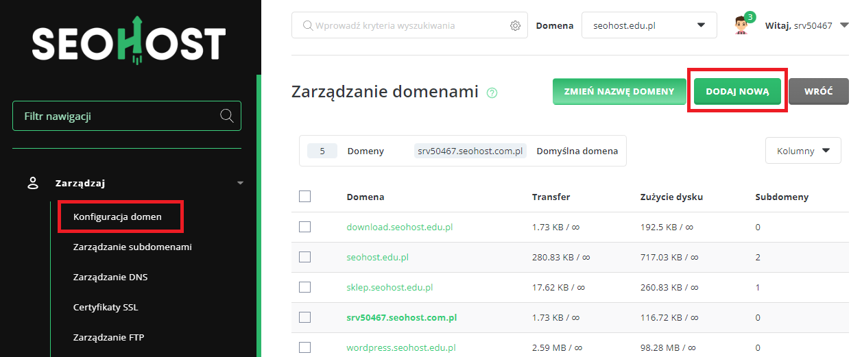Dodawanie nowej domeny w panelu DirectAdmin Seohost